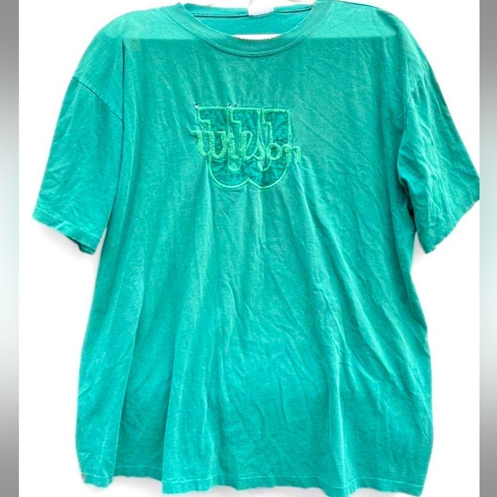 Vintage 90’s Embroidered Logo Wilson Aqua Graphic Tee Size Large
